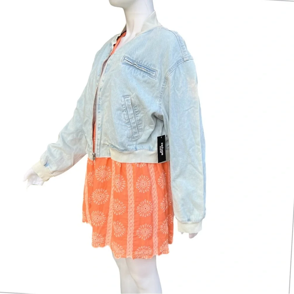 New Refuge Denim Pilot Bomber Sun Faded Boyfriend Jacket Grunge Casual Y2K NWT‎